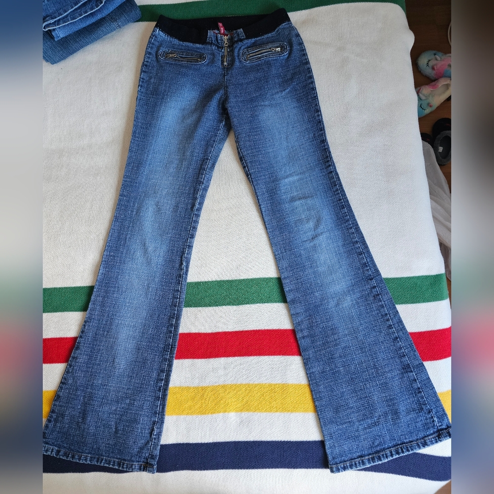 UB Jeans Flare Duel Front Zipper Pockets Elastic Waistband Vintage Jeans S Med